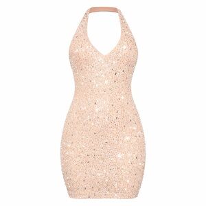 Windsor  Tan Bedazzled Mini Dress with silver crystals